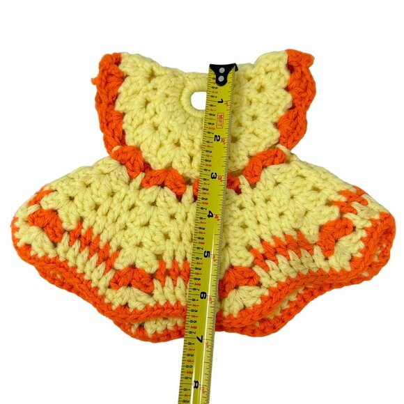 Vintage Handmade Crochet Dress Pot Holders Yellow Orange Ring Hole 7 x 6 Inch - Picture 6 of 6